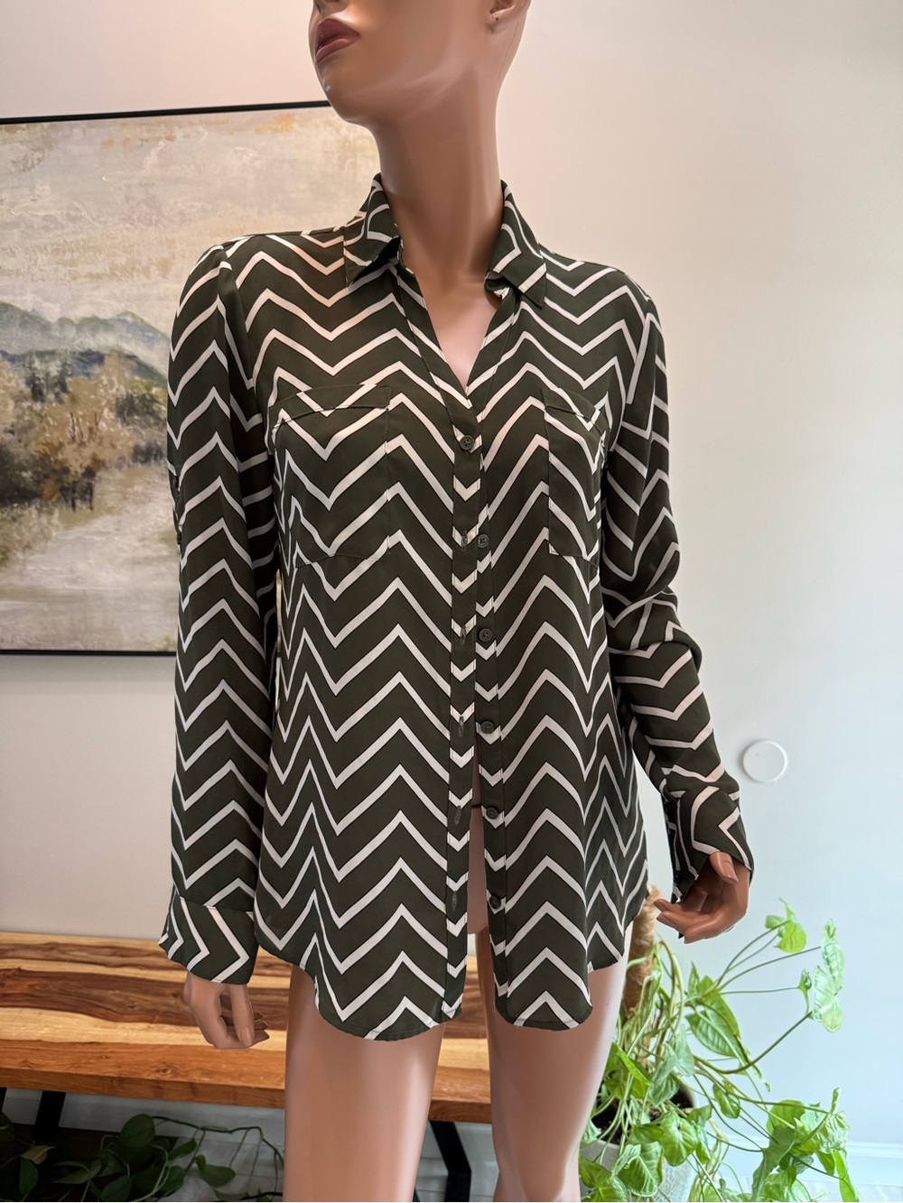 Express green black light gray Chevron Button-Front Blouse medium